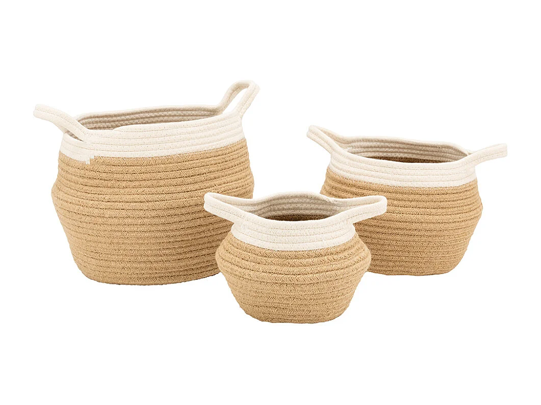 Set de 3 corbeilles en corde blanc et naturel avec 2 anses