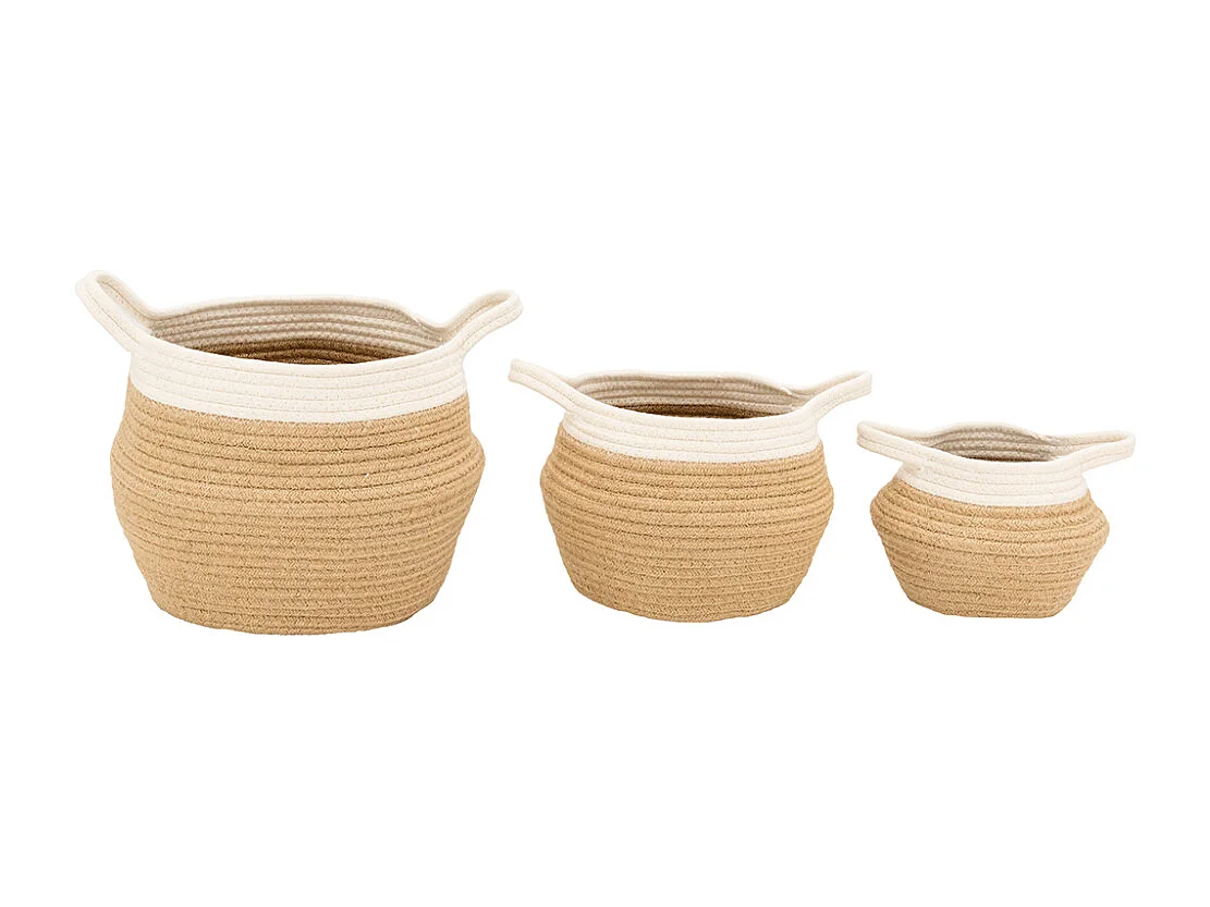 Set de 3 corbeilles en corde blanc et naturel avec 2 anses