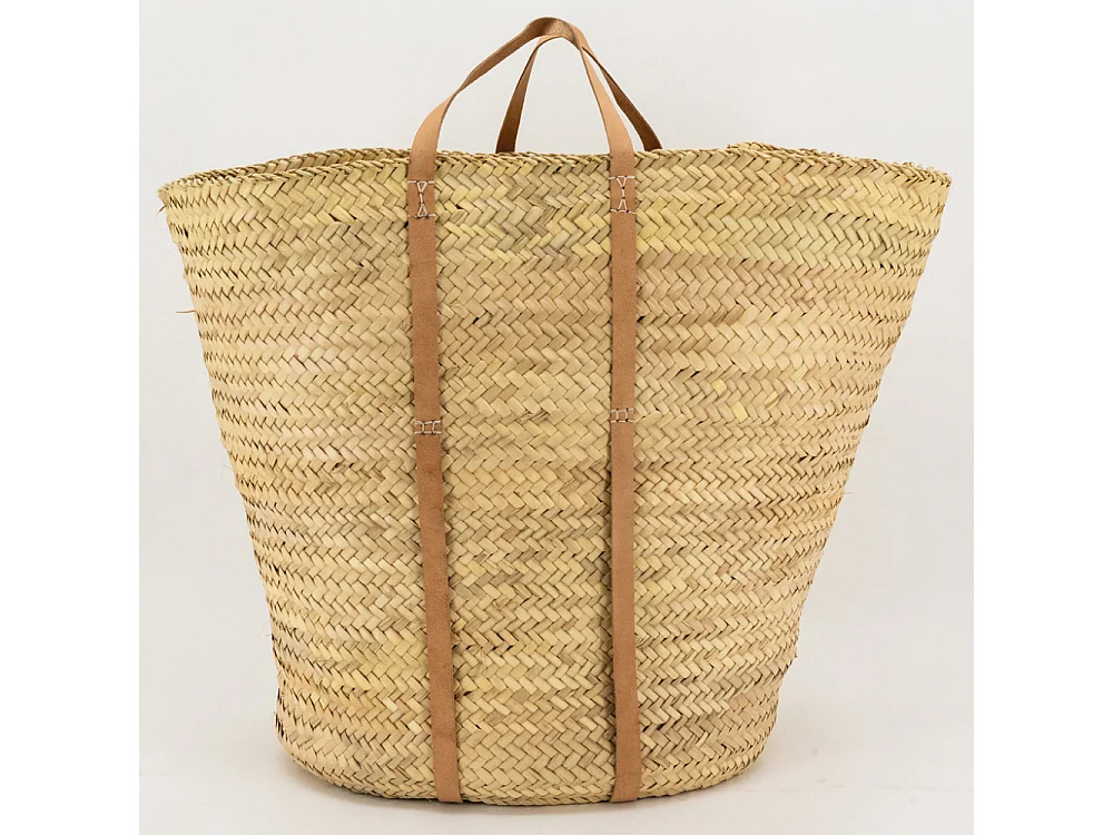 Maxi cabas en palmier avec anses en cuir