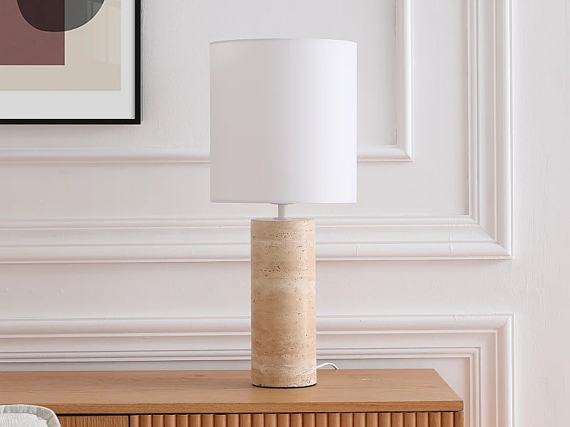 Lampe à poser en tissu et travertin D.25 x H.58 cm - Blanc et naturel - ZAPANA
