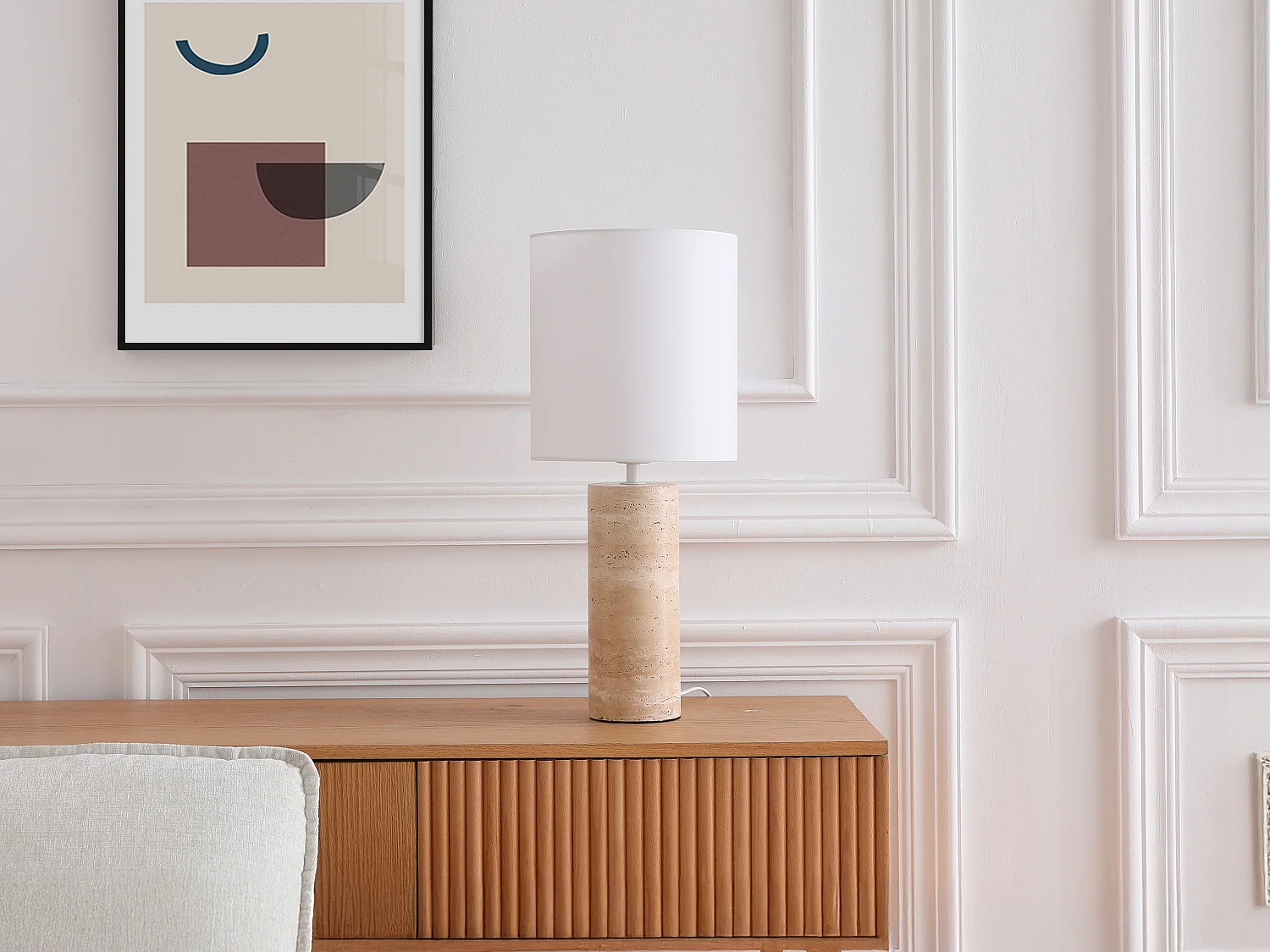 Lampe à poser en tissu et travertin D.25 x H.58 cm - Blanc et naturel - ZAPANA