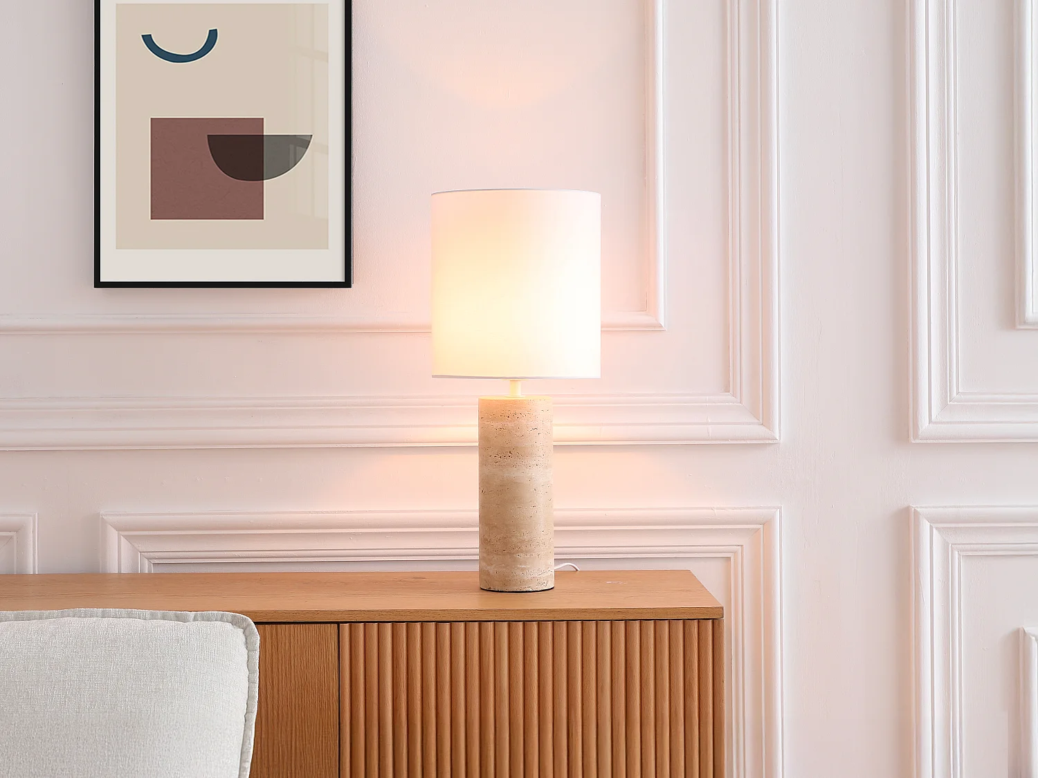 Lampe à poser en tissu et travertin D.25 x H.58 cm - Blanc et naturel - ZAPANA