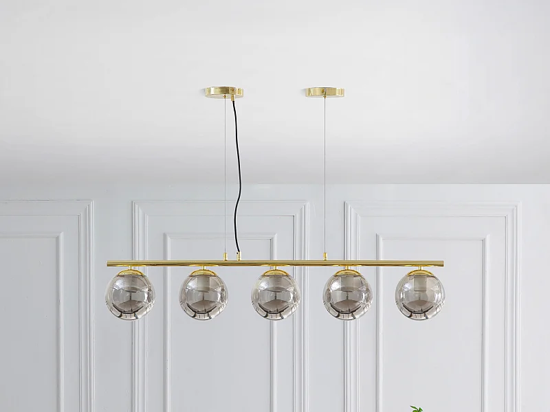 Lampadario in metallo e vetro fumé lucido - 5 globi - L. 100 x H. 100 x H. 120 cm - Dorato - SOFIA