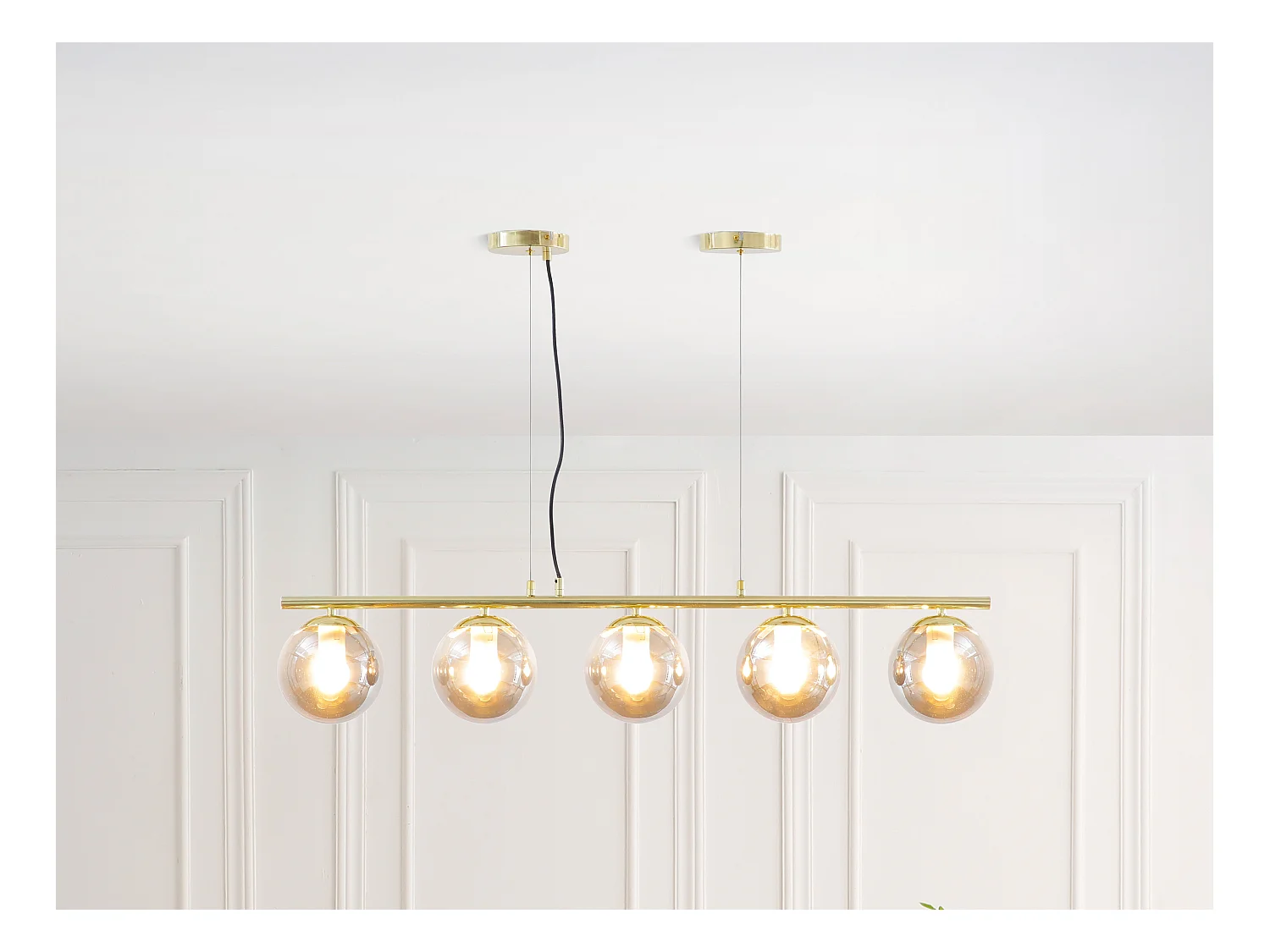Lámpara de araña de metal y cristal ahumado brillante - 5 globos - L. 100 x Alt. 120 cm - Dorado - SOFIA