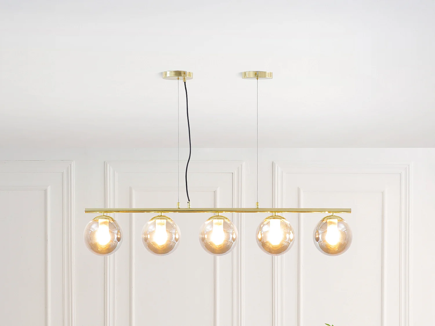 Lustre en métal et verre fumé brillant - 5 globes - L. 100 x H. 120 cm - Doré - SOFIA