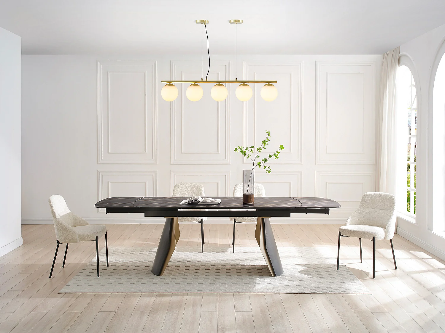 Lustre en métal et verre blanc - 5 globes - L. 100 x H. 120 cm - Doré - SOFIA