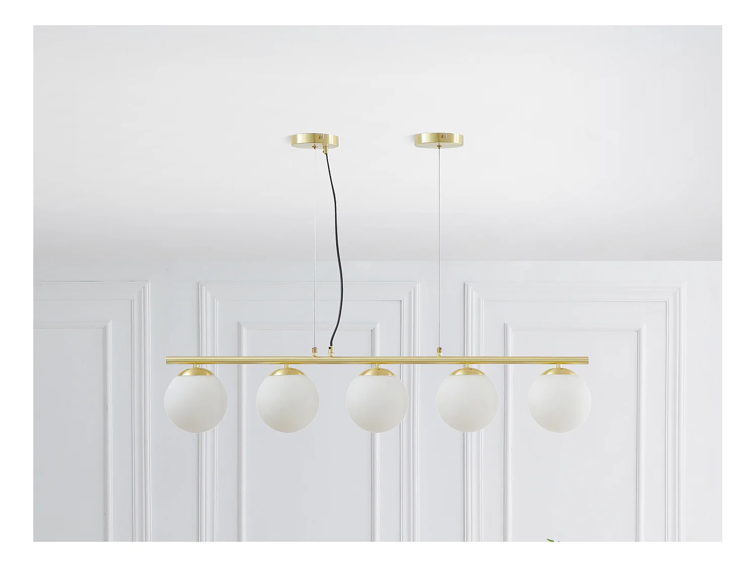Lámpara de techo de metal y cristal blanco - 5 globos - L. 100 x Alt. 120 cm - Dorado - SOFIA