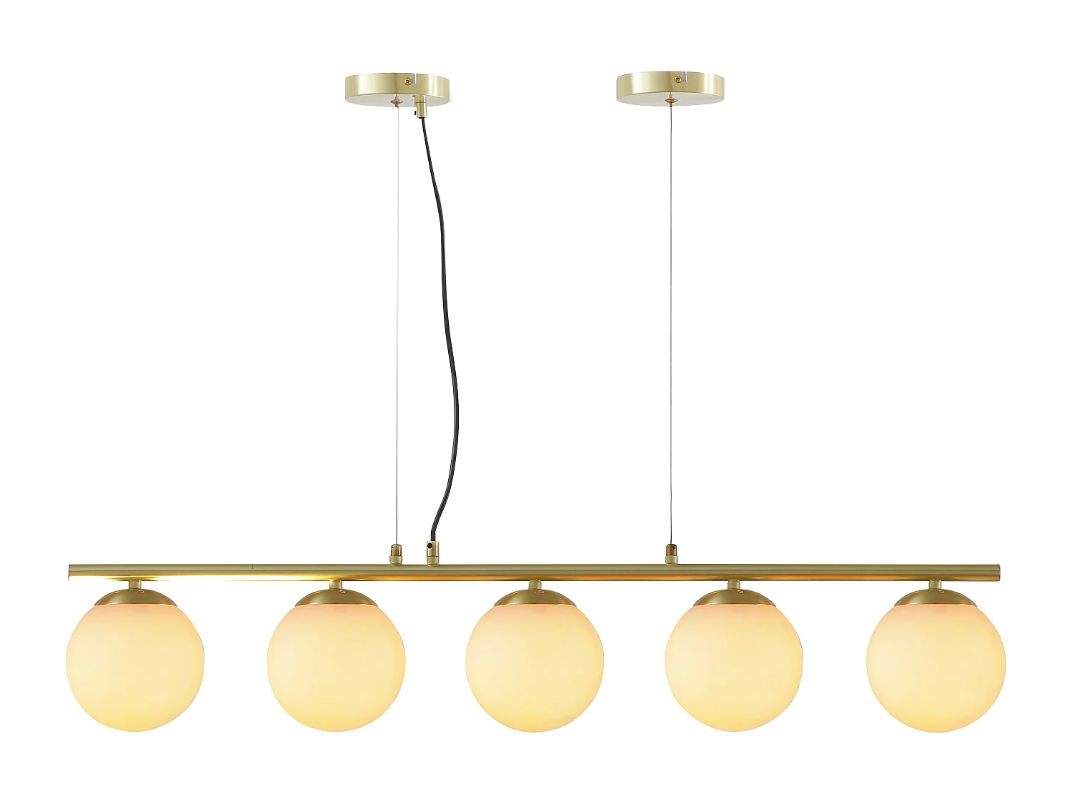 Lustre en métal et verre blanc - 5 globes - L. 100 x H. 120 cm - Doré - SOFIA