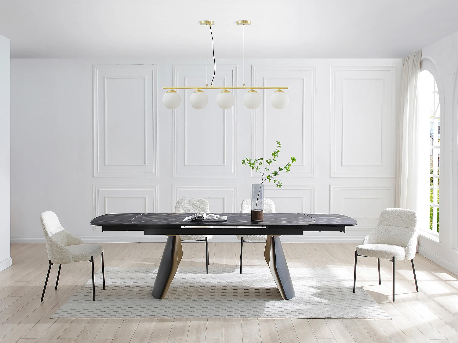 Lustre en métal et verre blanc - 5 globes - L. 100 x H. 120 cm - Doré - SOFIA