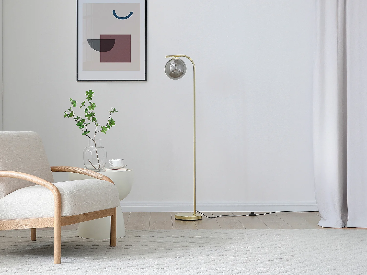 Lampadaire en  laiton brossé et verre fumé - D.28 x H.150 cm - Doré - SOFIA