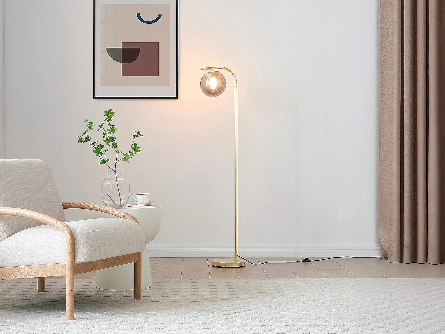 Lampadaire en  laiton brossé et verre fumé - D.28 x H.150 cm - Doré - SOFIA