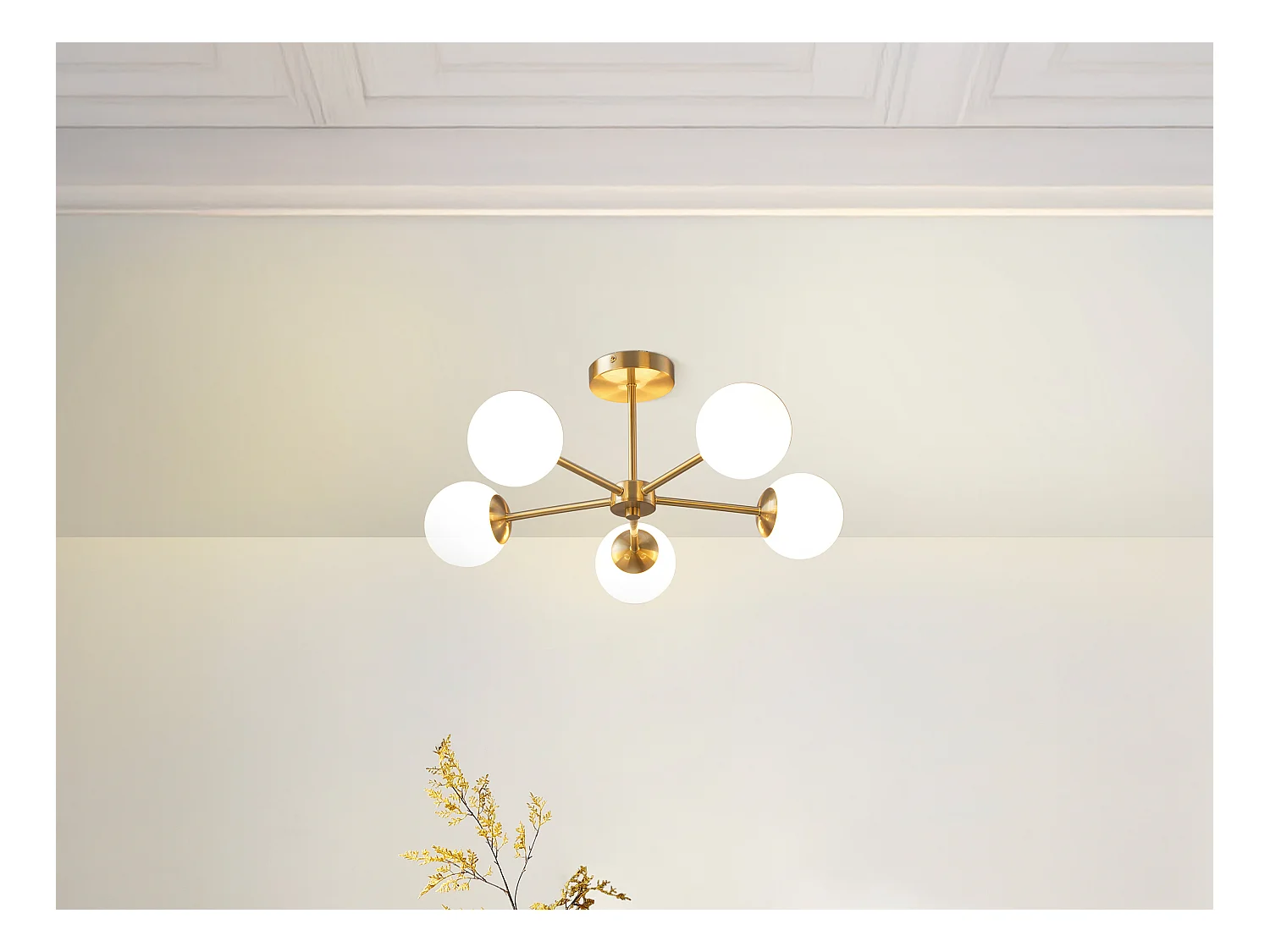 Lámpara de techo en metal chapado en latón - L.58.5 x Alt.21 cm - Dorado y blanco - SOFIA