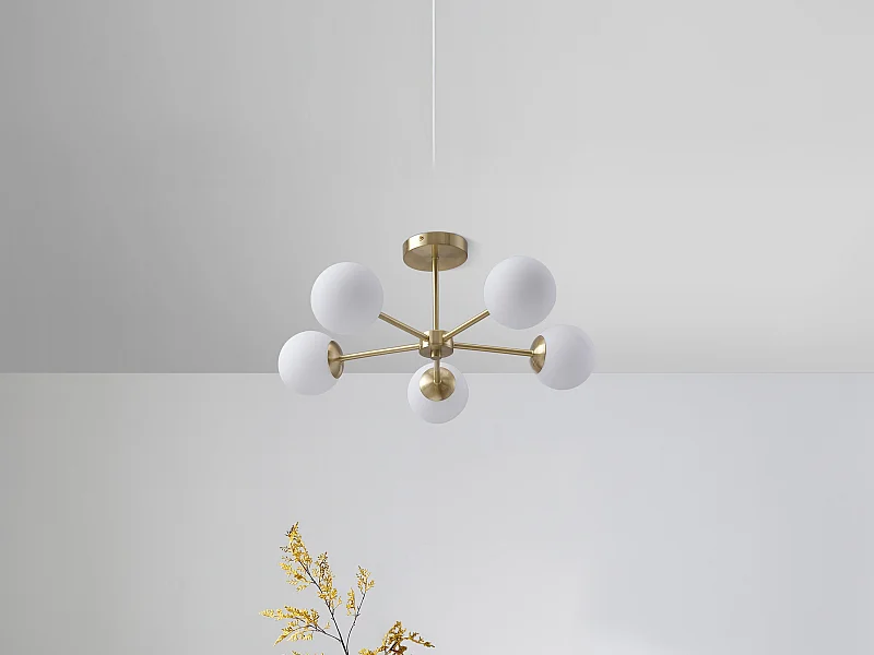 Plafonnier en métal plaqué laiton - L.58.5 x H.21 cm - Doré et blanc - SOFIA