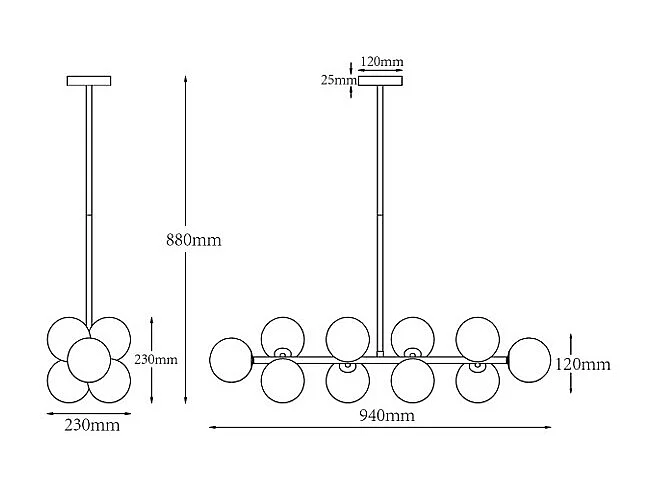 Metall- und Weißglas-Kronleuchter - 10 Kugeln - L. 94 x B. 23 x H. 88 cm - Goldfarben - SOFIA