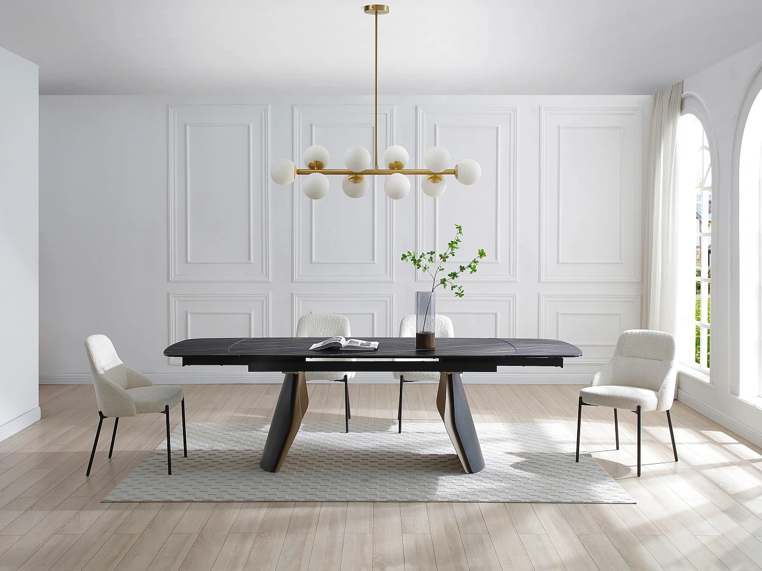 Lustre en métal et verre blanc - 10 globes - L. 94 x P. 23 x H. 88 cm - Doré - SOFIA