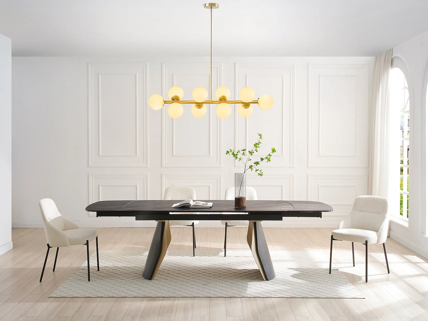 Lustre en métal et verre blanc - 10 globes - L. 94 x P. 23 x H. 88 cm - Doré - SOFIA