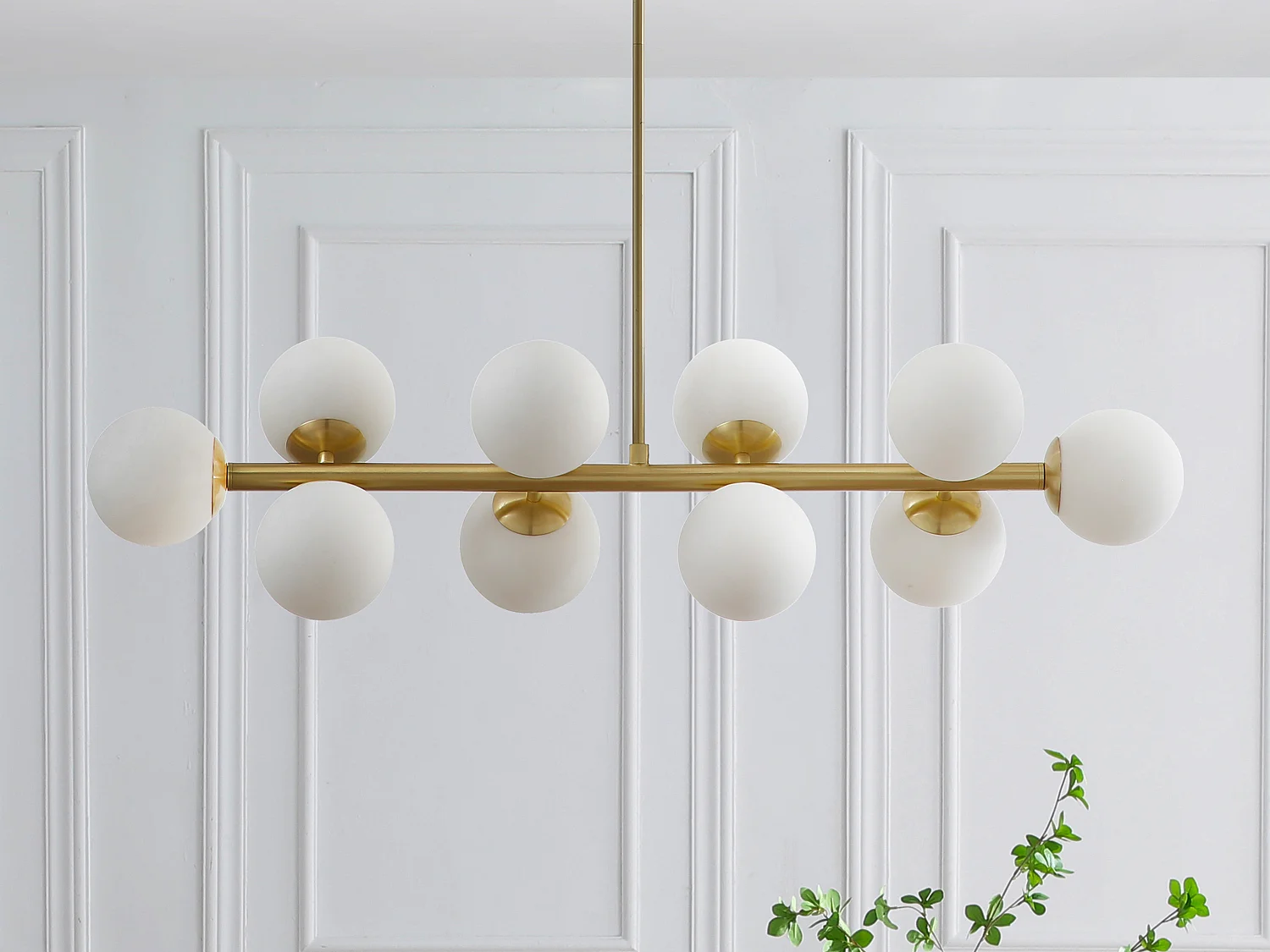 Metal and white glass chandelier - 10 globes - L94 x D23 x H88 cm - Gold - SOFIA