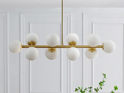 Metal and white glass chandelier - 10 globes - L94 x D23 x H88 cm - Gold - SOFIA