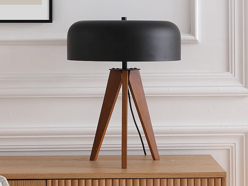 Lampa stołowa na drewnianym trójnogu z drzewa kauczukowego i metalu śr. 36 x wys. 45 cm - Czarna - PAVICO