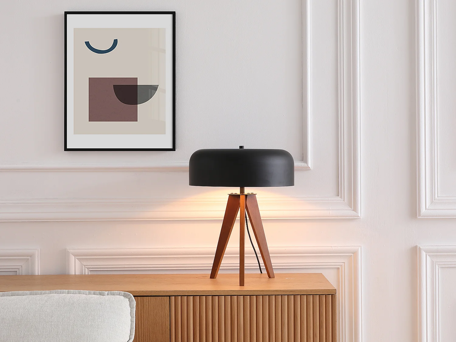 Lampe à poser trépied en bois d'hévéa et métal D. 36 x H. 45 cm - Noir - PAVICO