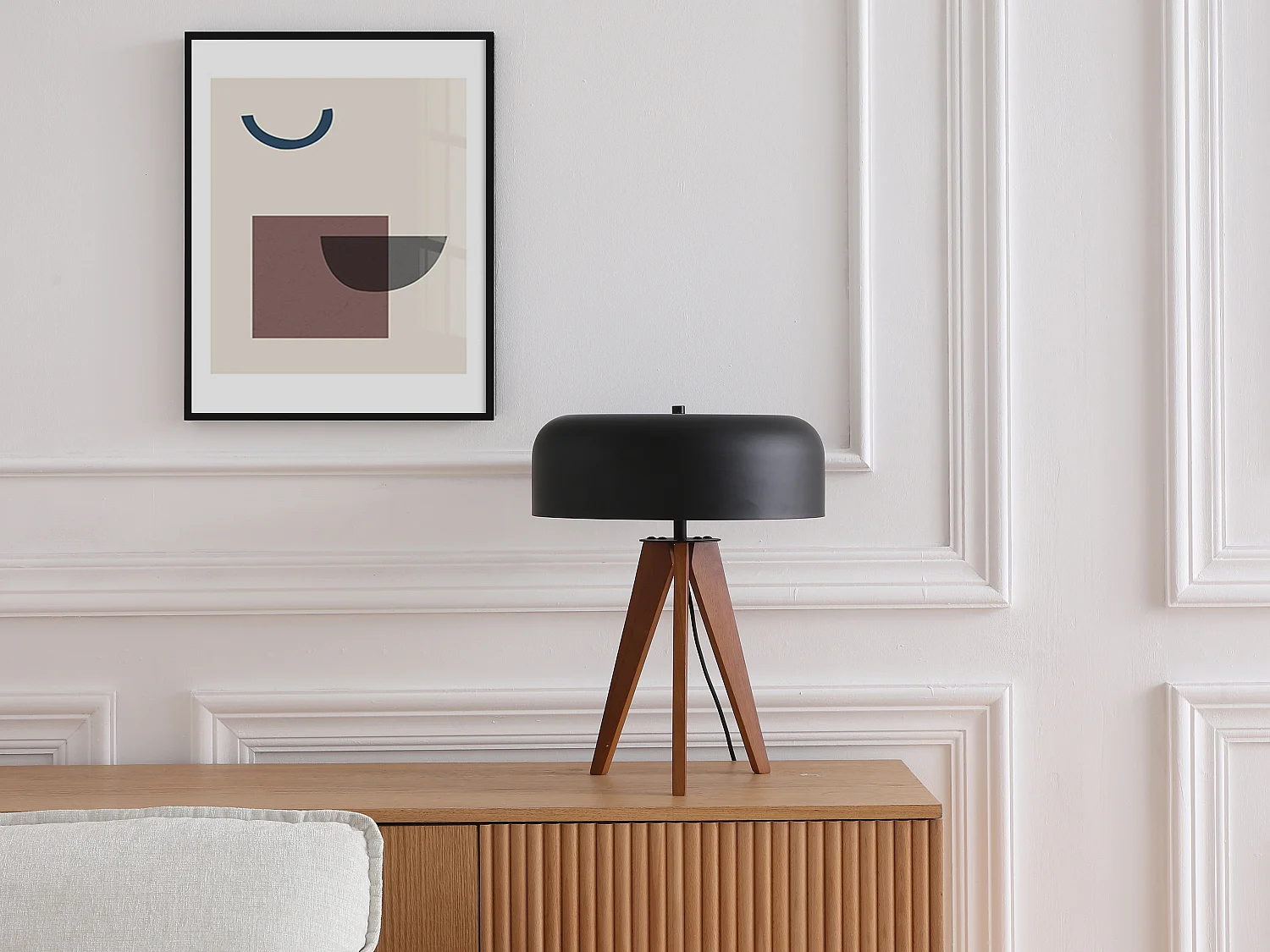 Lampe à poser trépied en bois d'hévéa et métal D. 36 x H. 45 cm - Noir - PAVICO