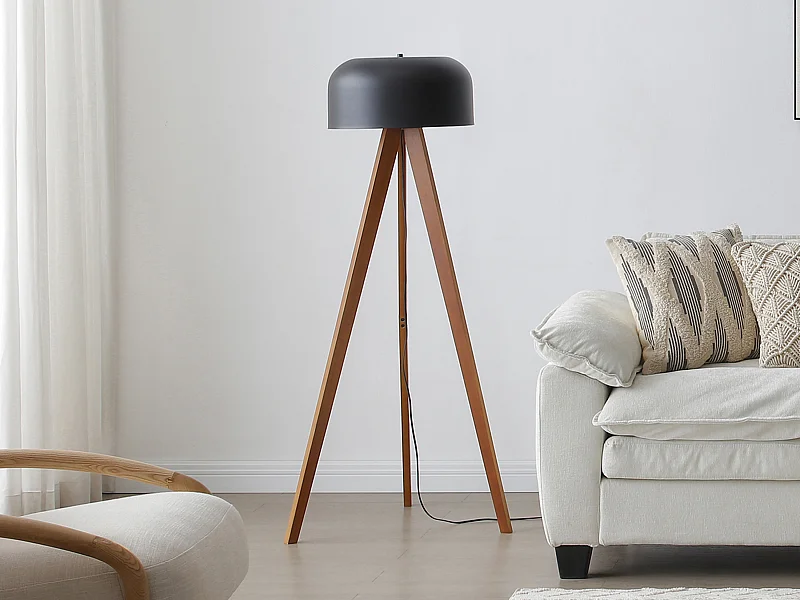Lampadaire trépied en bois d'hévéa et métal D. 42 x H. 145 cm - Naturel et noir - PAVICO