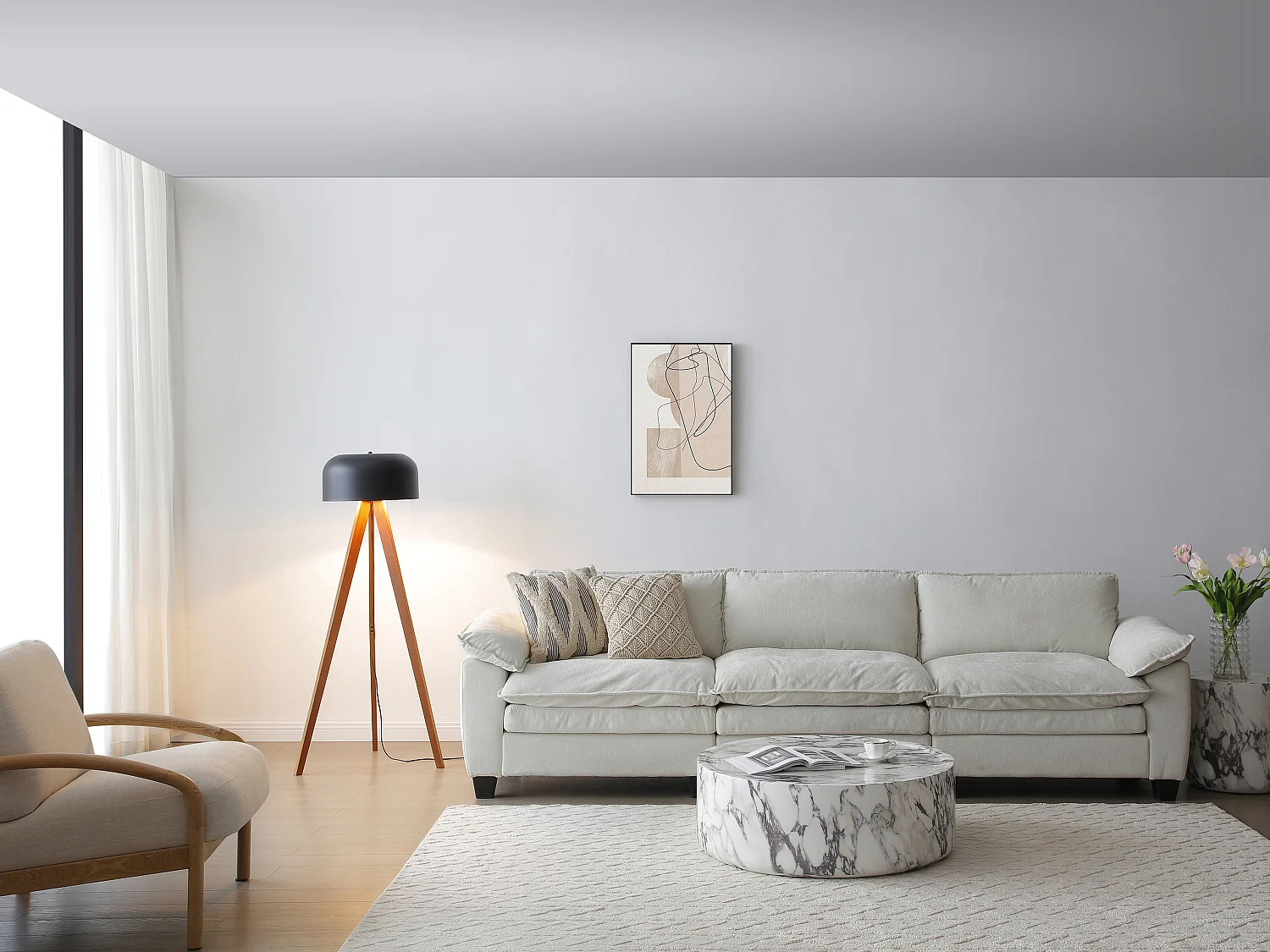 Lampadaire trépied en bois d'hévéa et métal D. 42 x H. 145 cm - Naturel et noir - PAVICO