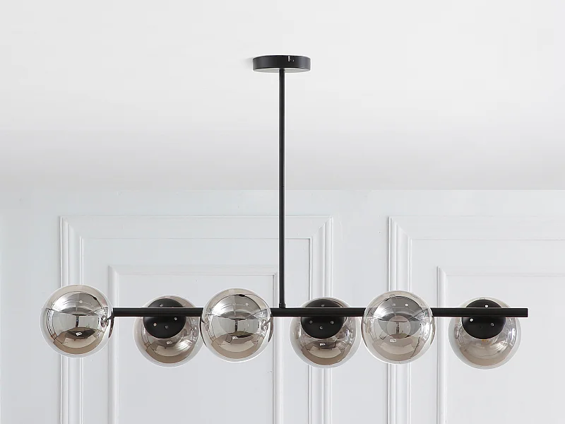 Lampadario in metallo - 6 globi in vetro fumé - L. 98 cm - Nero - YUKON