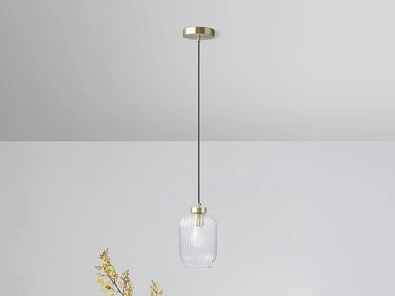 Suspension en métal brossé et verre texturé - D. 14 x H. 120 cm - Doré - LOUXOR