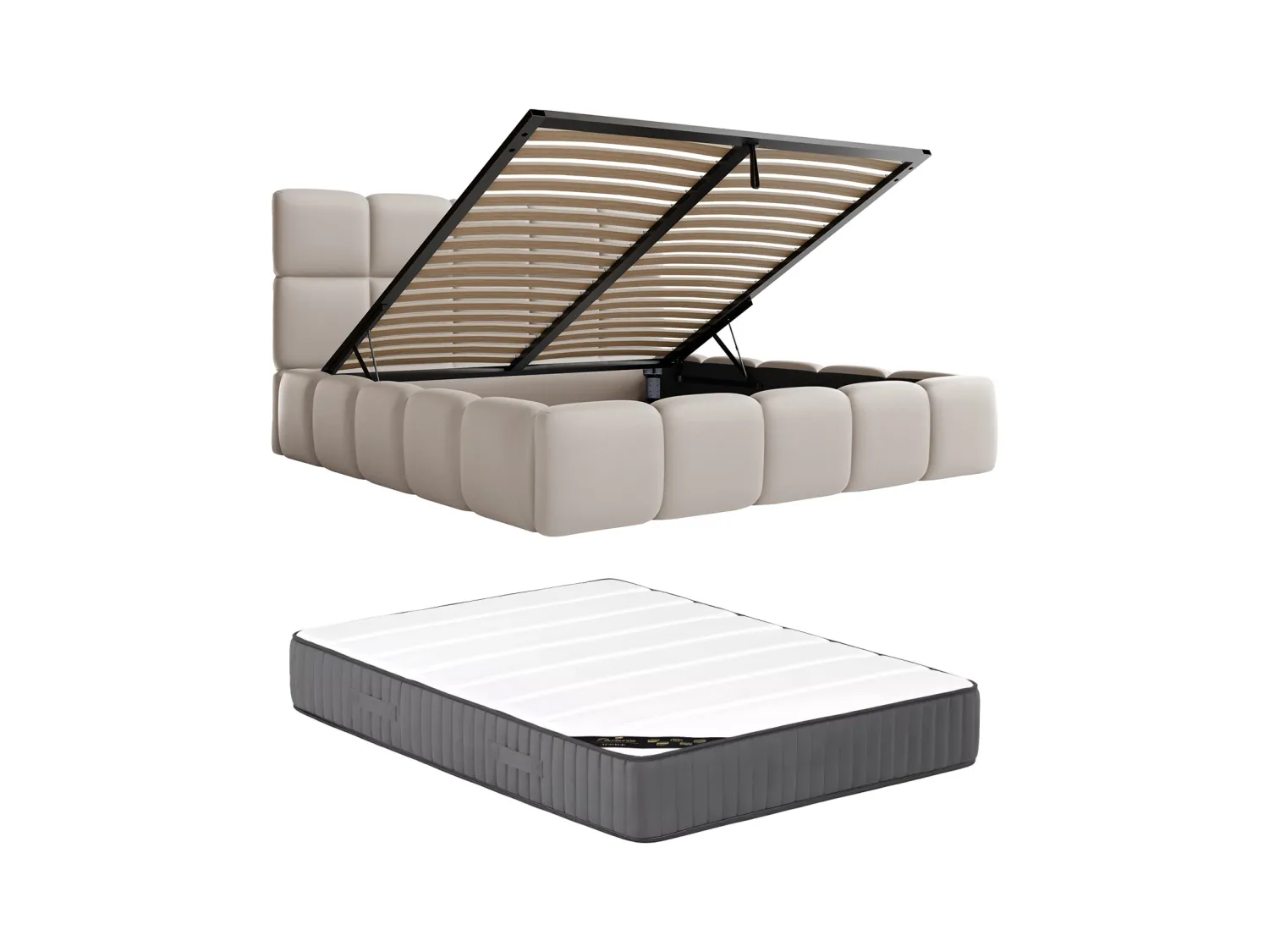 Lit coffre 180 x 200 cm - Tissu effet cuir - Beige + Matelas - DAMADO de Pascal Morabito