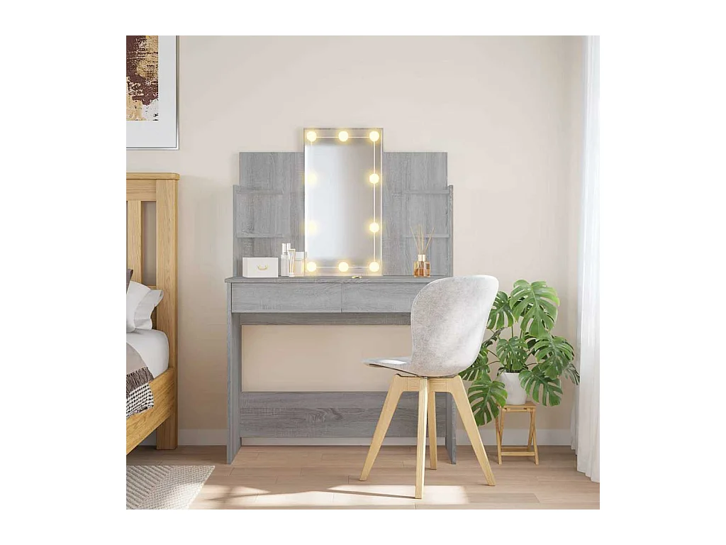 Schminktisch mit LED-Leuchten Grau Sonoma 96x40x142 cm