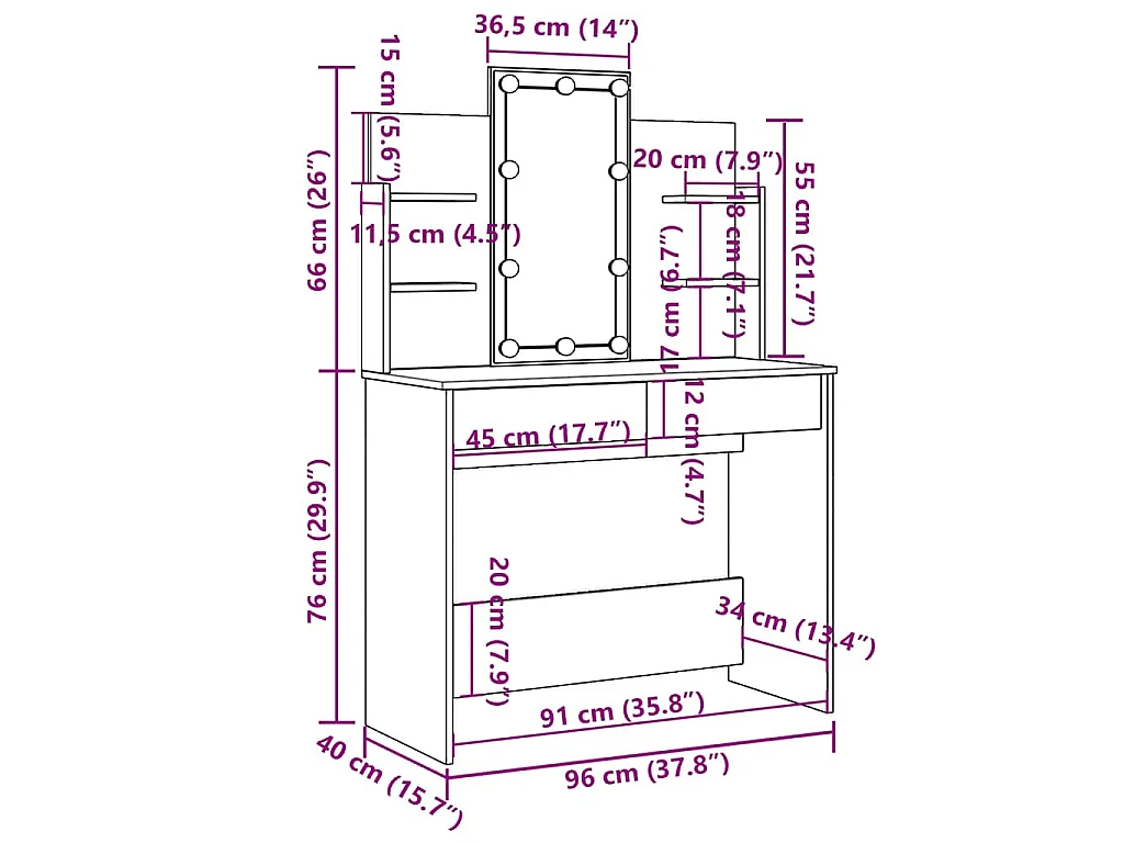 Schminktisch mit LED-Leuchten Grau Sonoma 96x40x142 cm