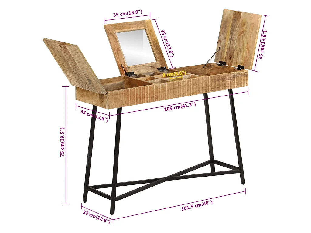 Kaptafel 105x35x75 cm massief ruw mangohout en ijzer