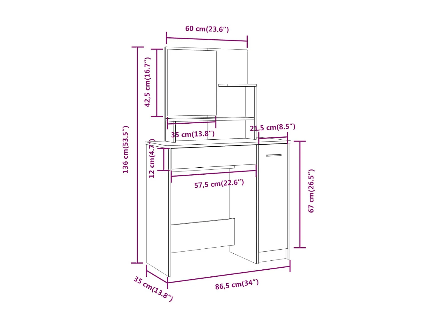 Set Tavolo da Toeletta Rovere Fumo 86,5x35x136 cm