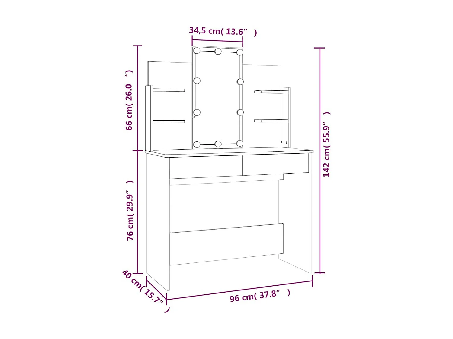 Kaptafel met LED-verlichting 96x40x142 cm grijs sonoma eiken