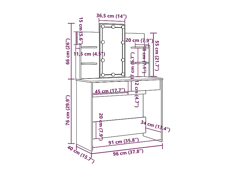 Tocador con luces LED blanco 96x40x142 cm