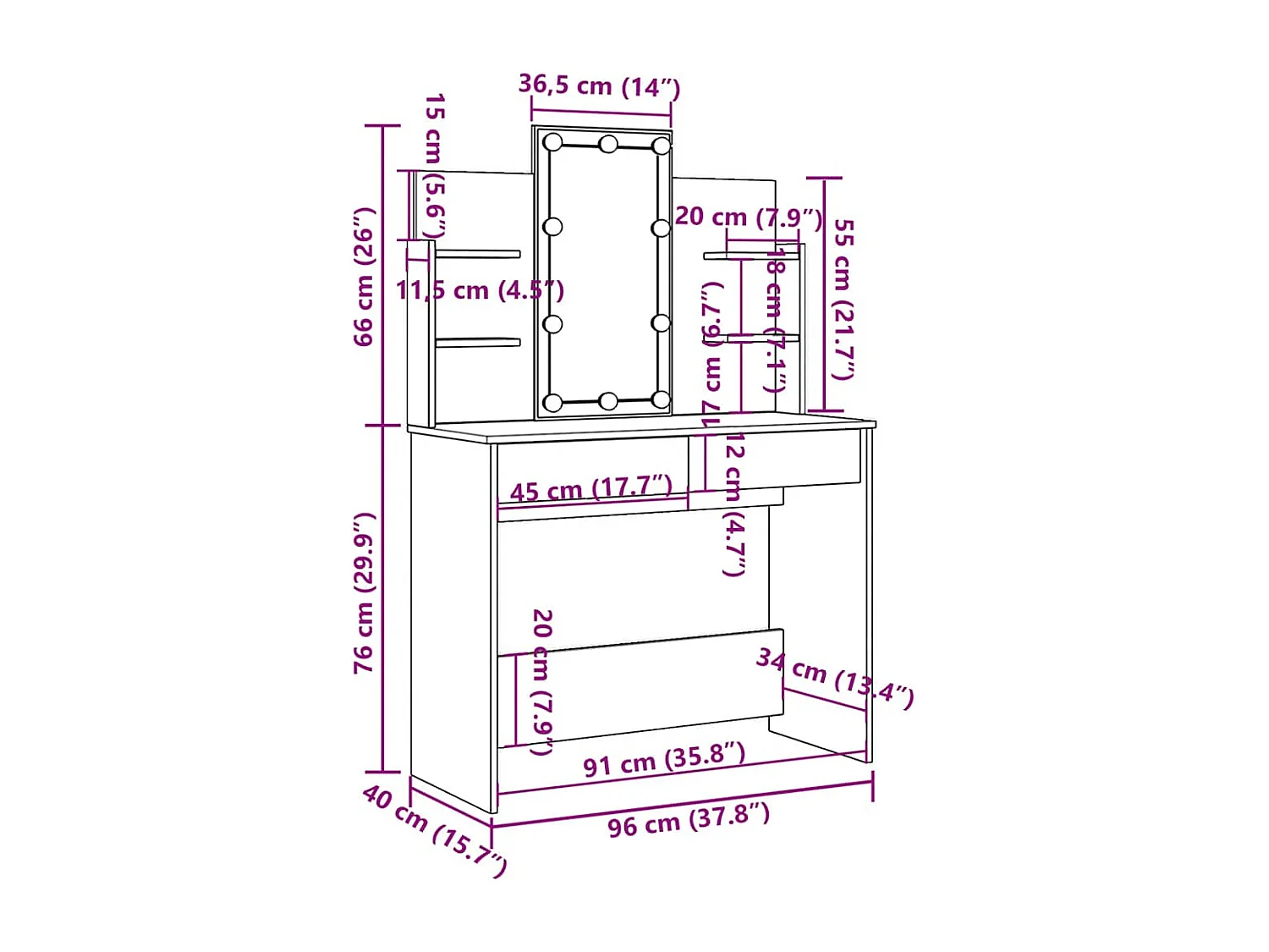 Coiffeuse avec lumières LED blanc 96x40x142 cm