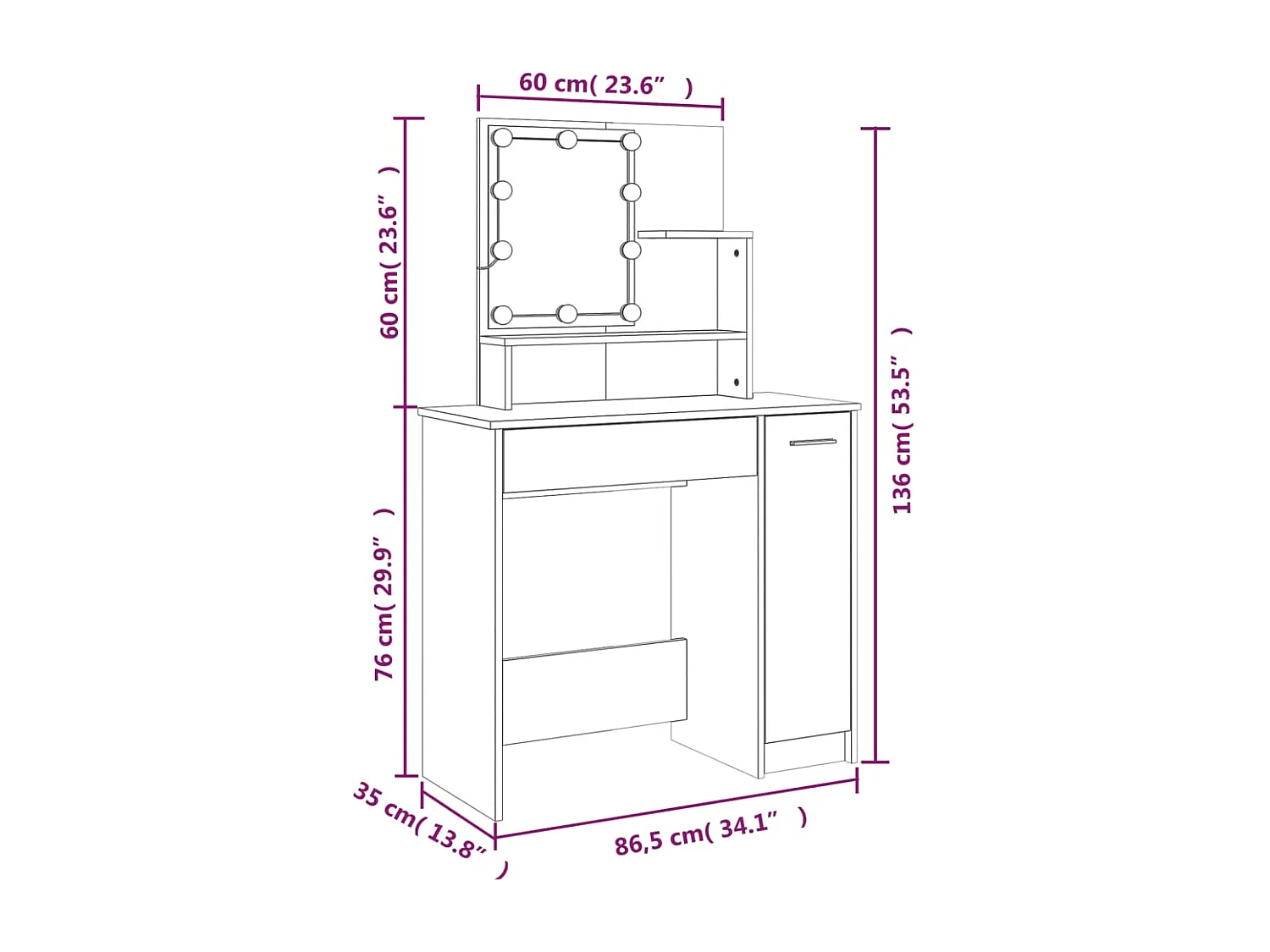 Schminktisch mit LED Schwarz 86,5x35x136 cm