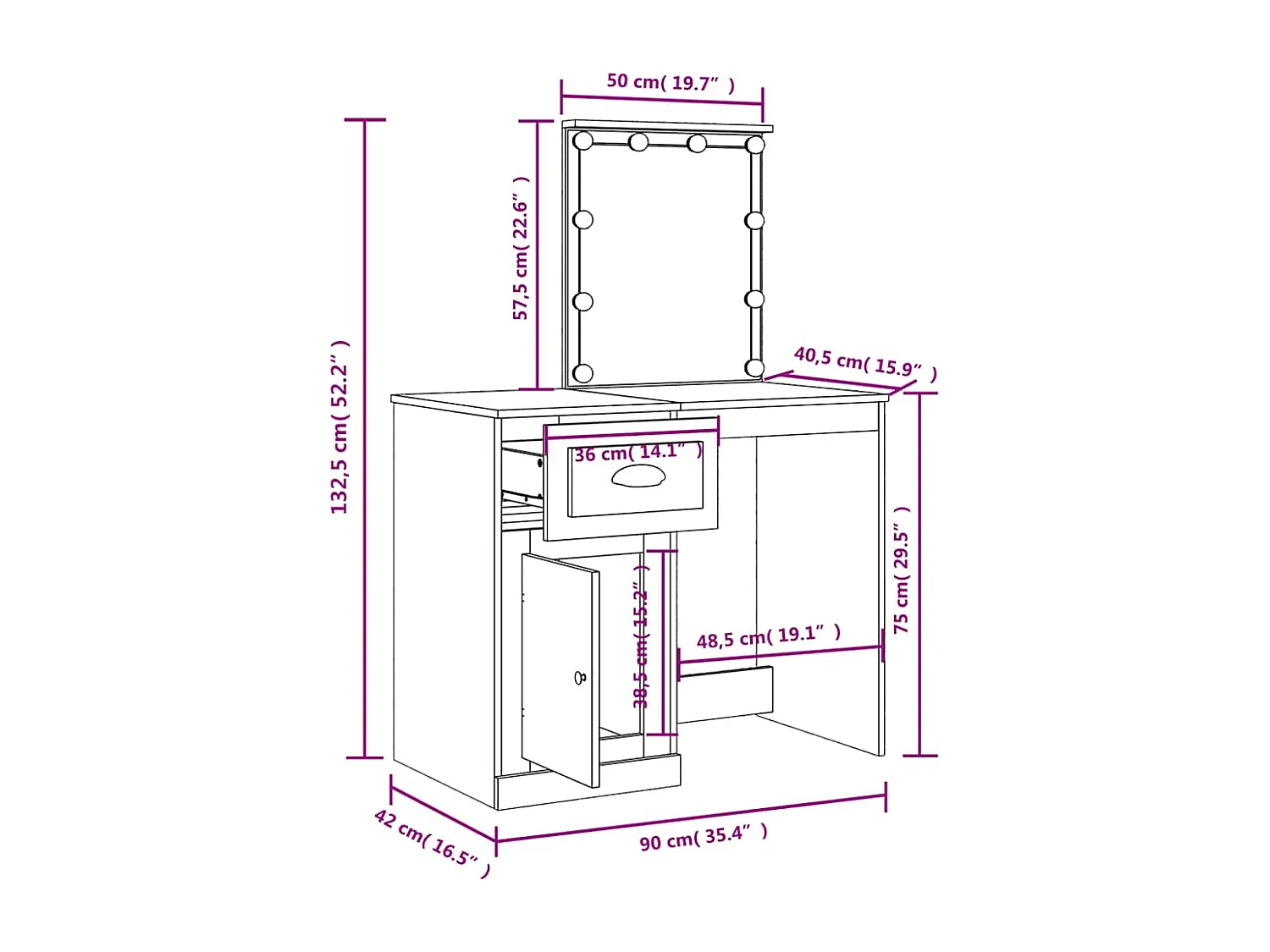 Coiffeuse avec lumières LED sonoma gris 90x42x132,5 cm