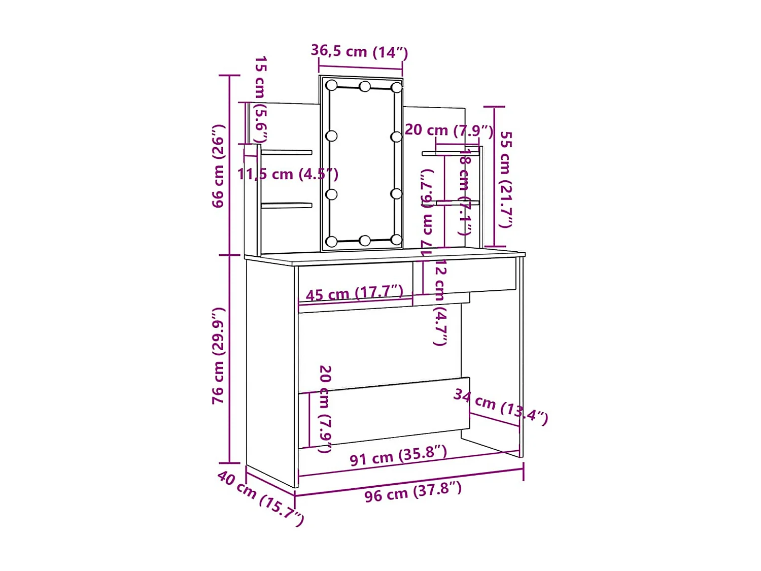 Schminktisch mit LED-Leuchten Betongrau 96x40x142 cm