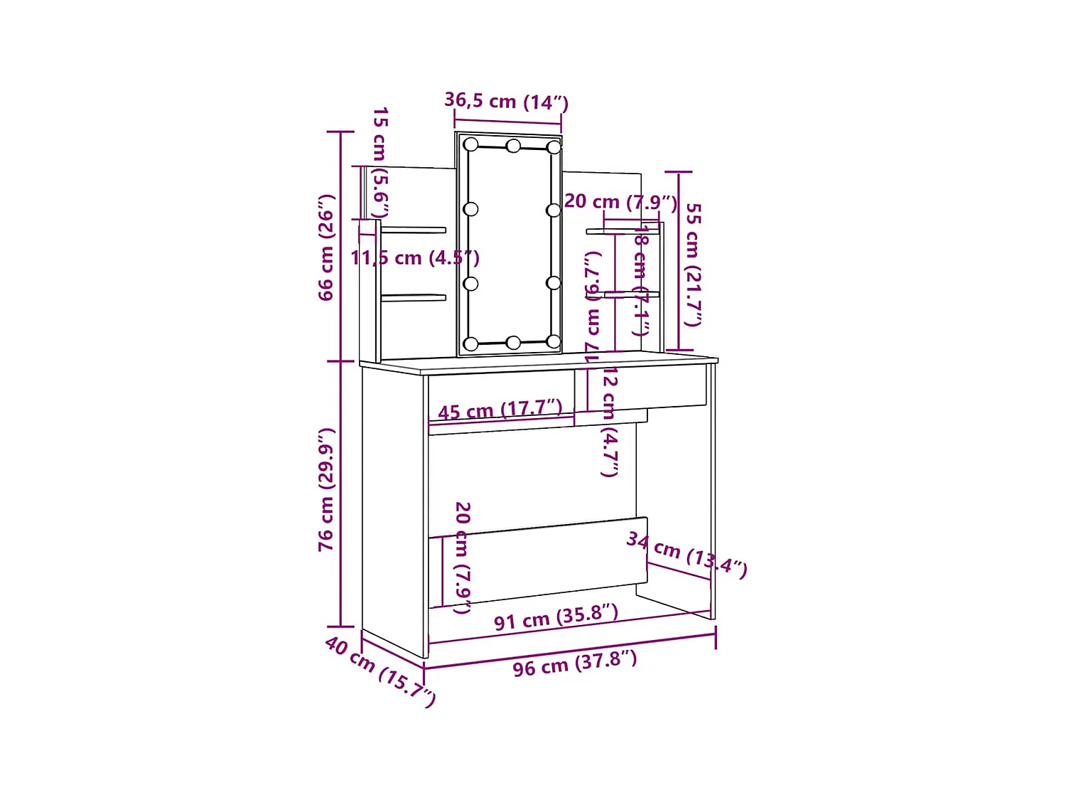 Tocador con luces LED gris hormigón 96x40x142 cm