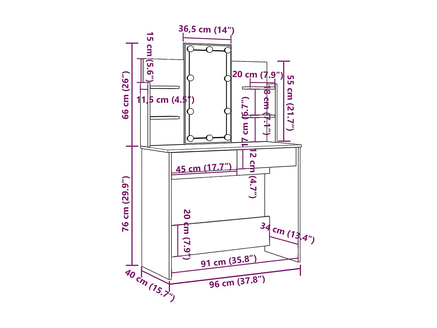 Tocador con luces LED roble Sonoma 96x40x142 cm