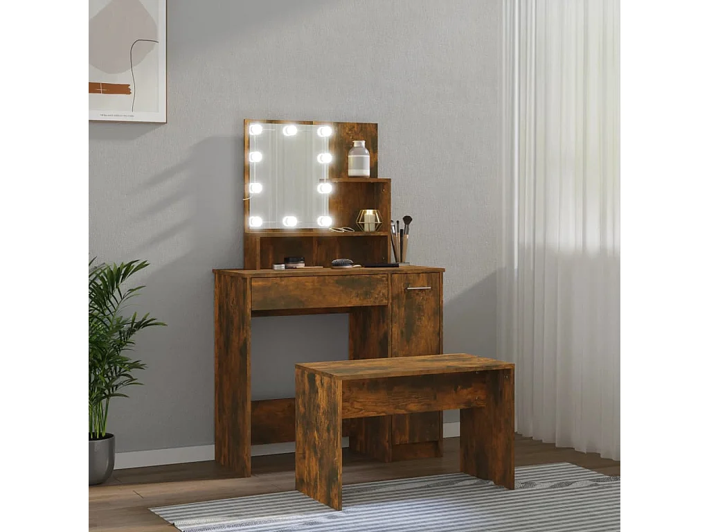 Schminktisch-Set mit LED Räuchereiche Holzwerkstoff