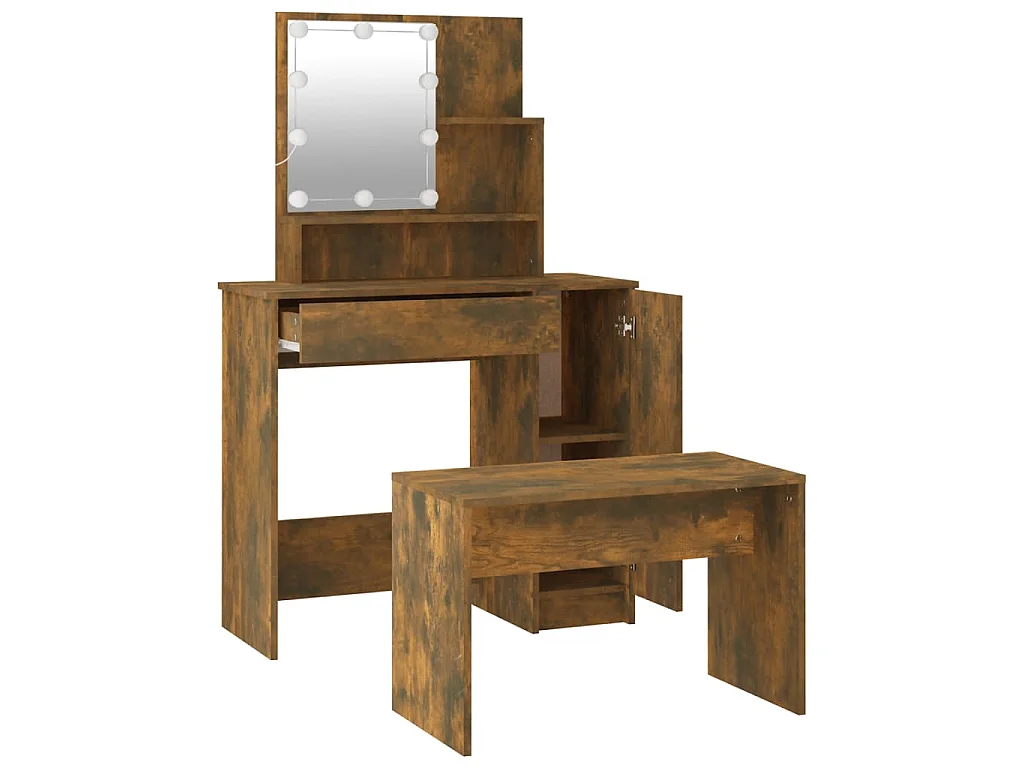 Schminktisch-Set mit LED Räuchereiche Holzwerkstoff