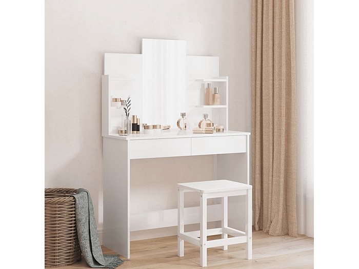 CLIPOP Toeletta Con Specchio E Sgabello - Bianco Lucido, Mobiletto Trucco Con Cassetto E Ripiani