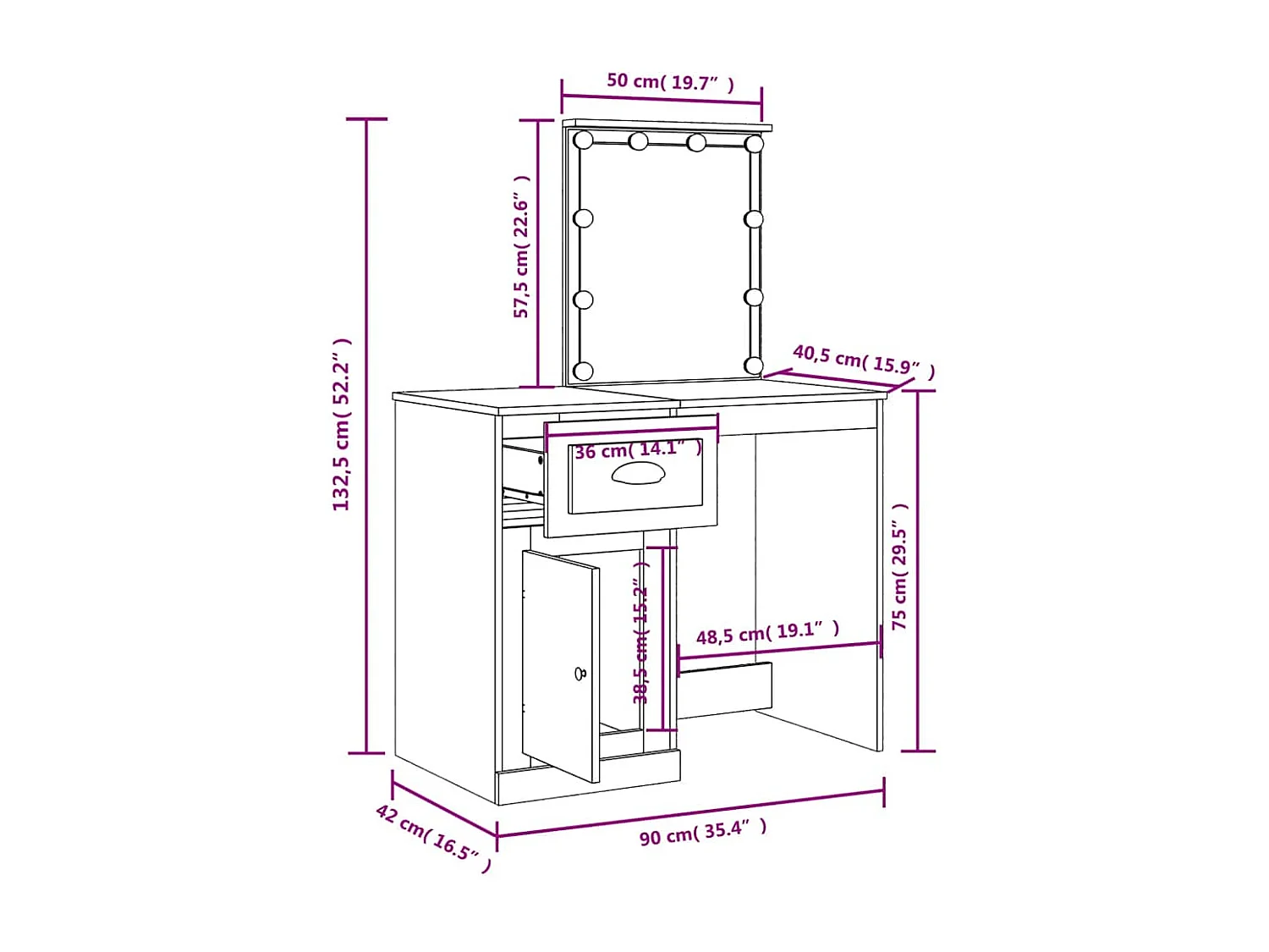 Toucador com luzes LED 90x42x132,5 cm cinzento cimento