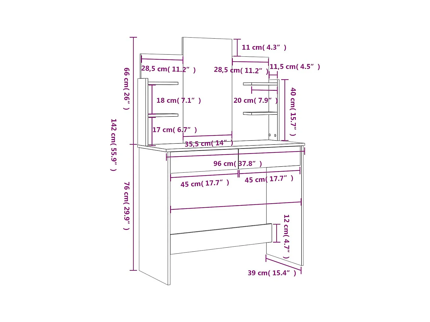 Coiffeuse avec miroir blanc 96x39x142 cm