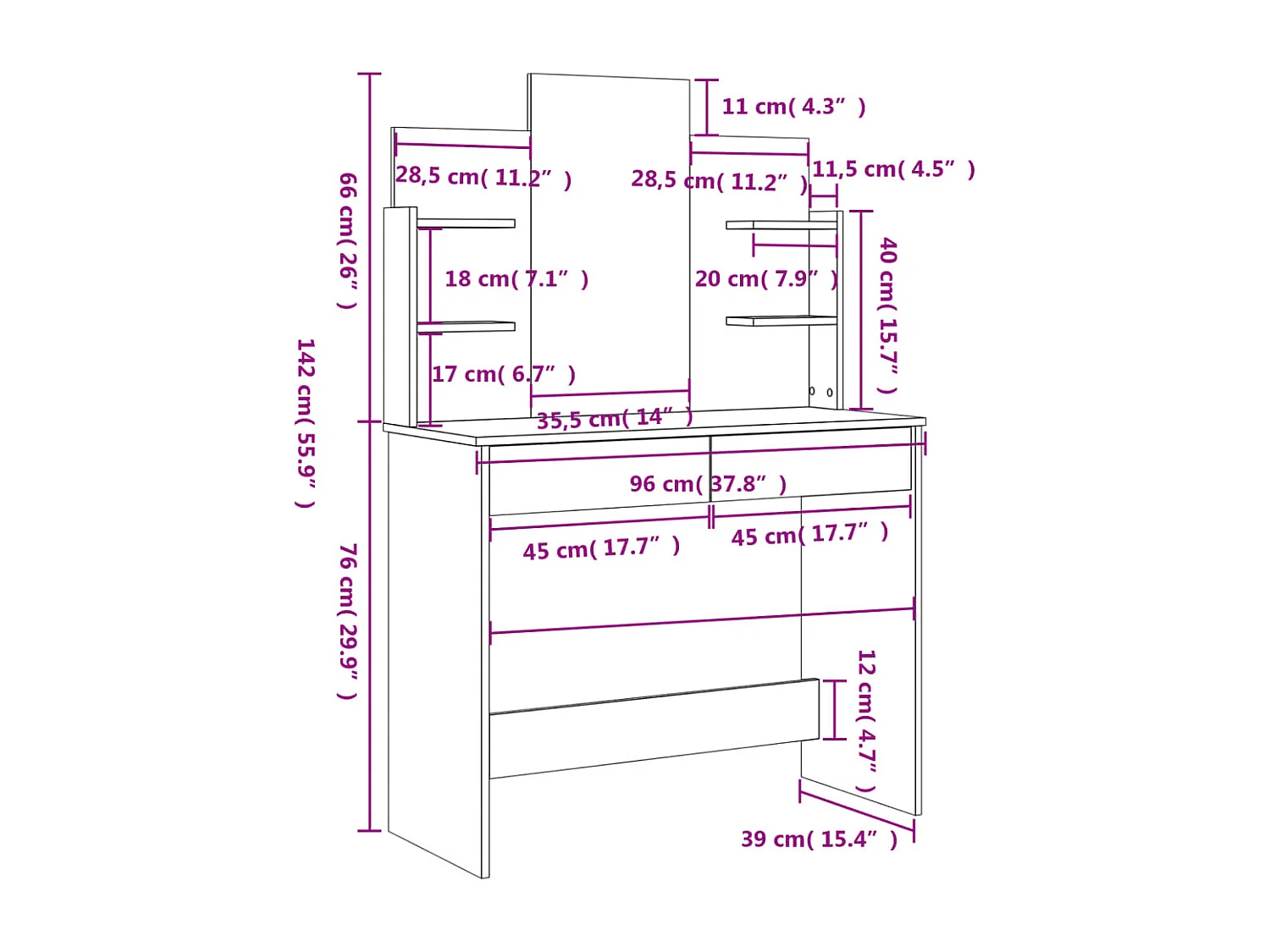 Kaptafel met spiegel 96x39x142 cm wit