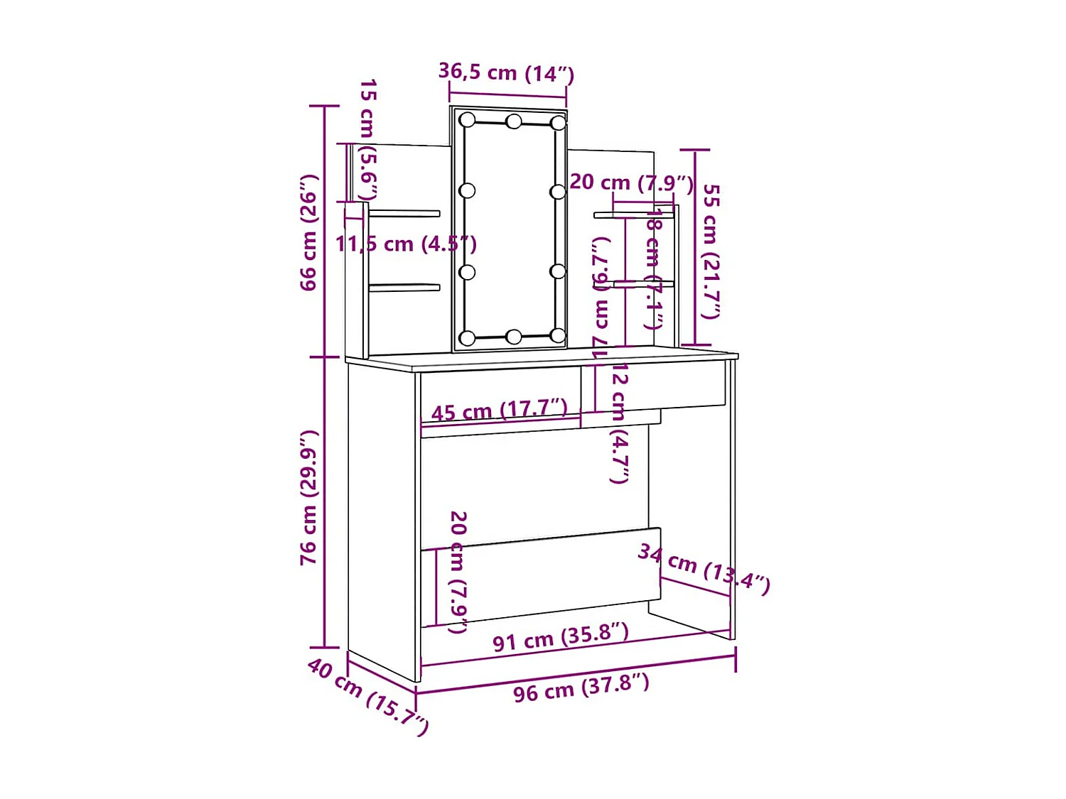 Schminktisch mit LED-Leuchten Schwarz 96x40x142 cm