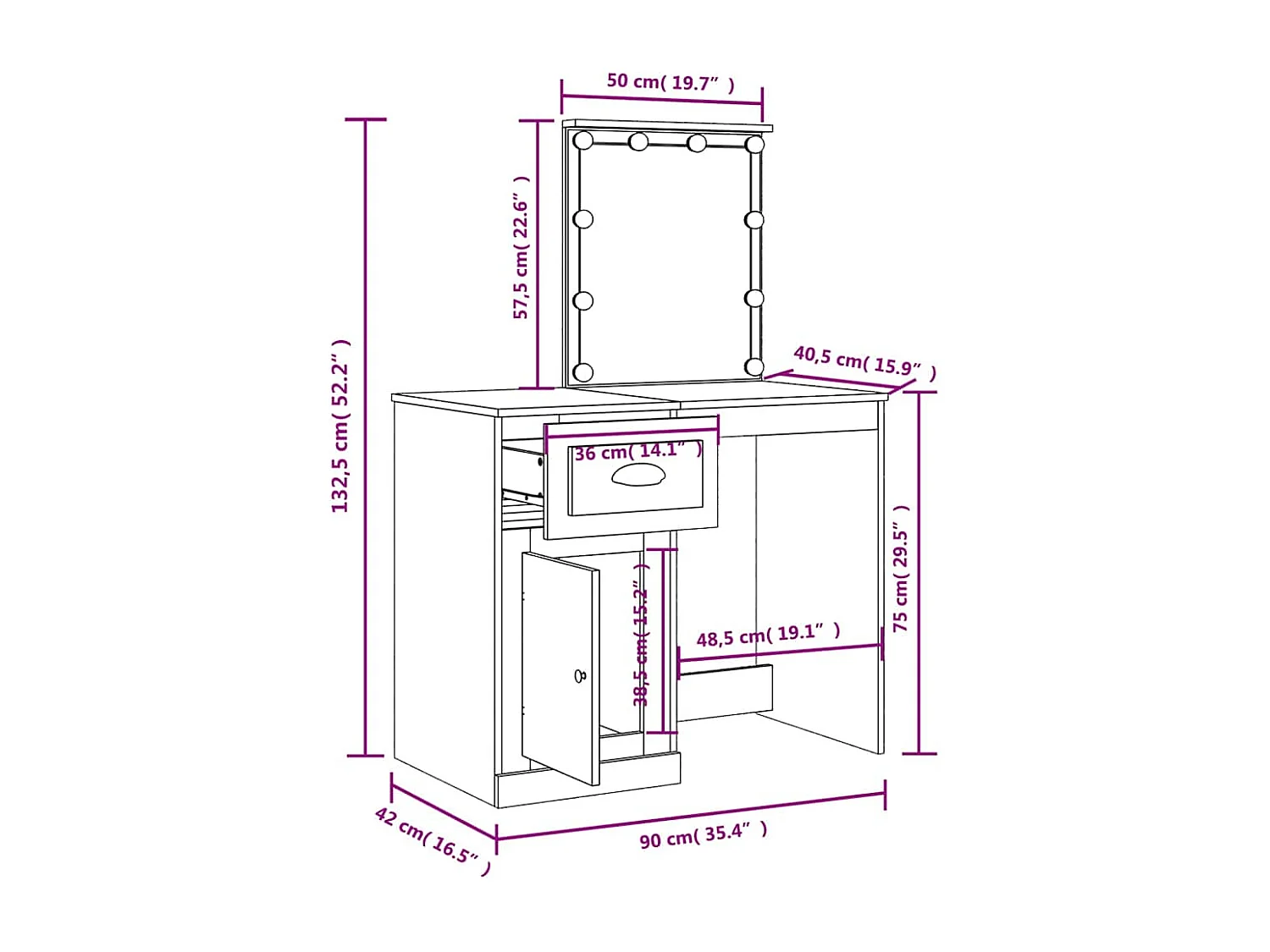 Schminktisch mit LED-Leuchten Braun Eichen-Optik 90x42x132,5 cm
